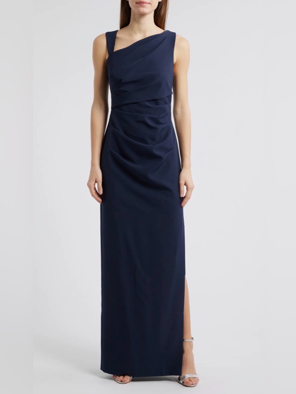 Vince Camuto Navy One-Shoulder Draped Asymmetric Evening Gown